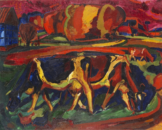 Landschaft mit Kühen by Peter August Böckstiegel, 1921