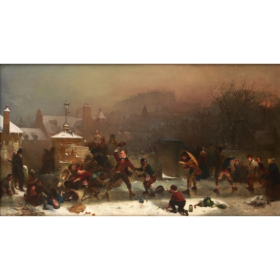 A dynamic winter scene filled with figures playing on ice in a snowy town.
