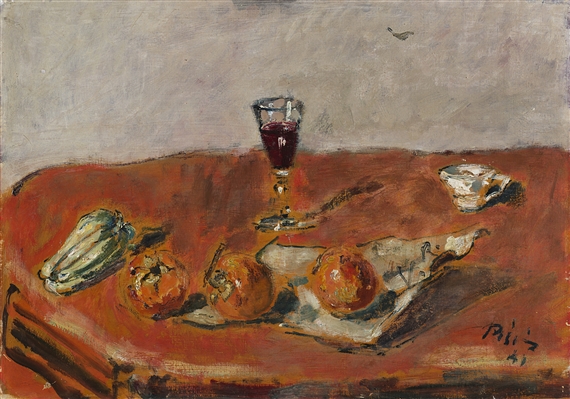 Natura morta con tovaglia rossa e bicchiere by Filippo de Pisis, 1941