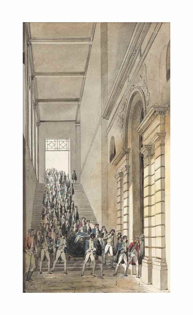 Artwork by Pierre-François-Léonard Fontaine, View of the stairs leading to the crypt of the Panthéon, Paris, with a funeral procession, Made of pencil, watercolour and bodycolour on paper