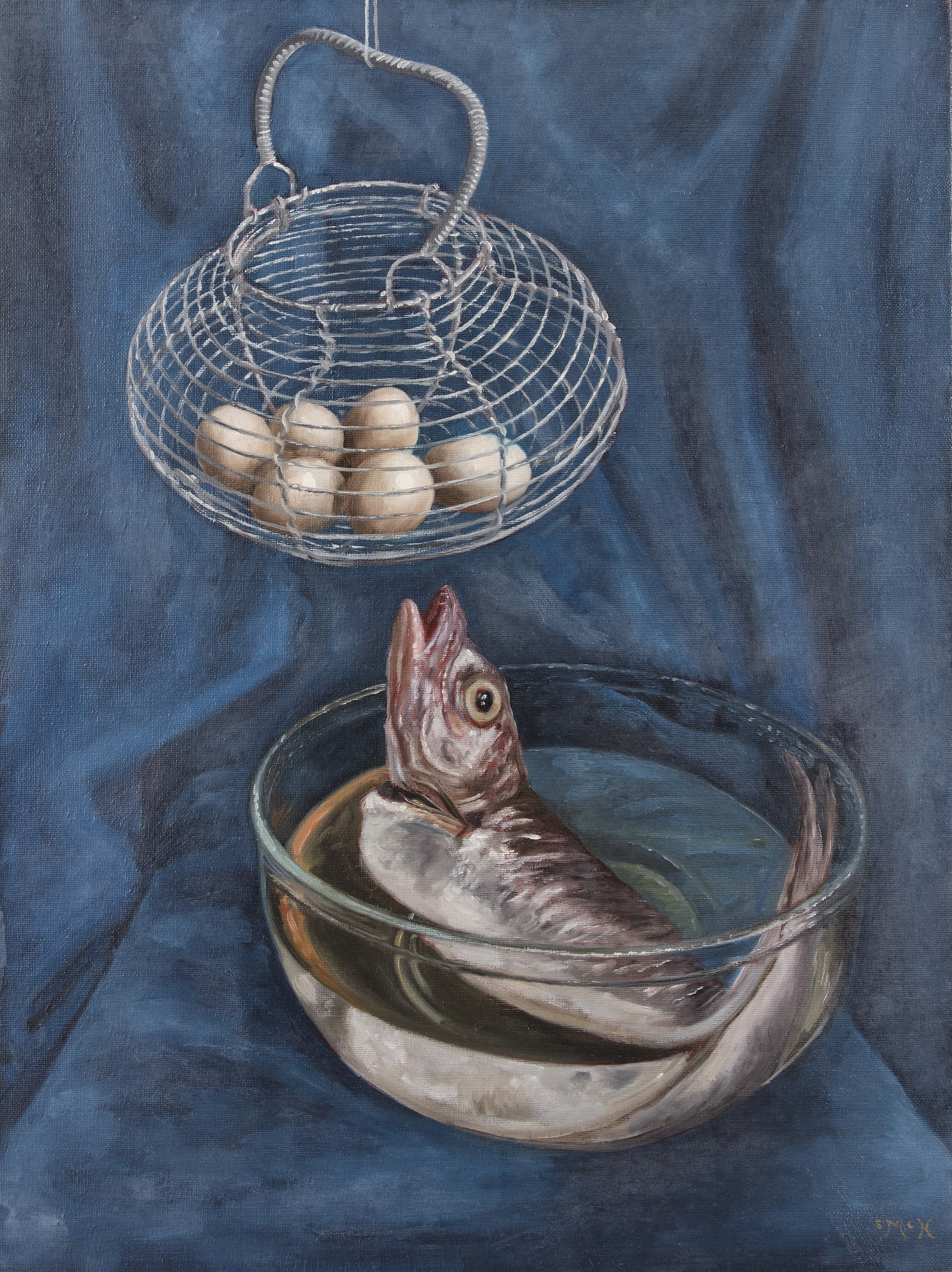 Artwork by Stephen McKenna, A Still Life of a Fish in a Bowl, and a Basket of Eggs, Made of Oil on canvas