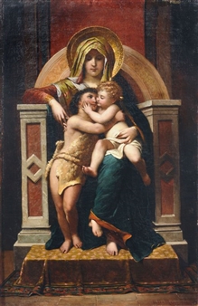 A classical religious painting depicting a mother figure holding a child while another young figure kisses the child's cheek.