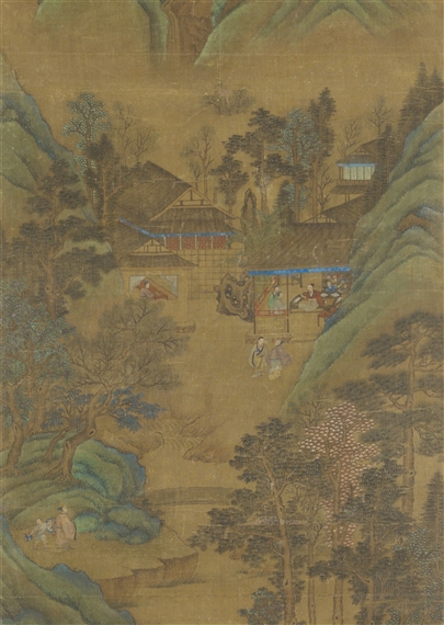 Scholars in a green mountain landscape by Qiu Ying
