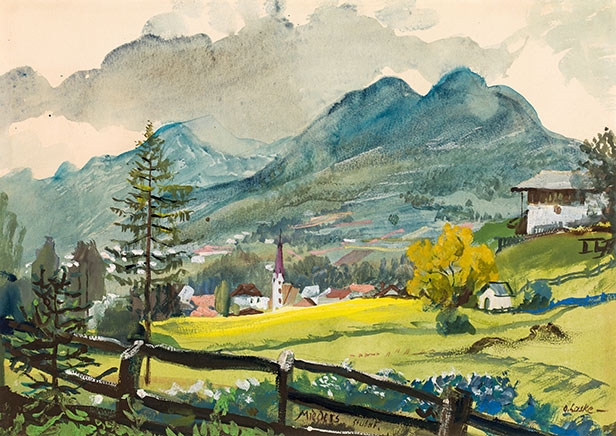 Artwork by Oskar Laske, Mieders at the Stubai Valley, Made of gouache on paper