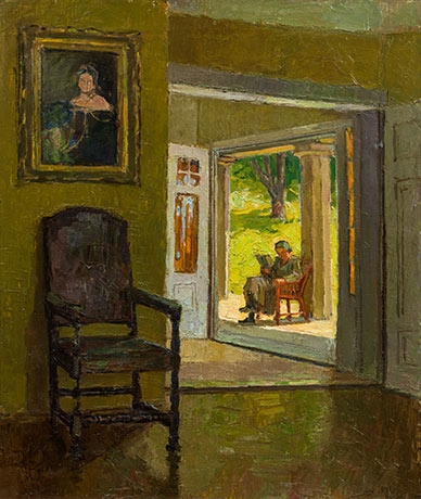 Artwork by Carl Moll, Interior of the Villa Mahler (with reading lady on the veranda), Made of oil on canvas