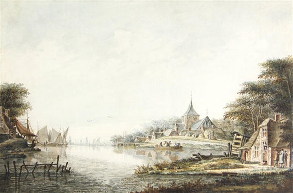 View of a village on a river, sailing vessels in the background by Dirk Verrijk