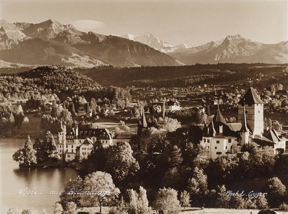3works, Thunersee, Blümlisalp, Spiez mit Blümlisalp, Spiez, Schreckhorn, Eiger, Mönch by Emanuel Gyger, Circa 1940