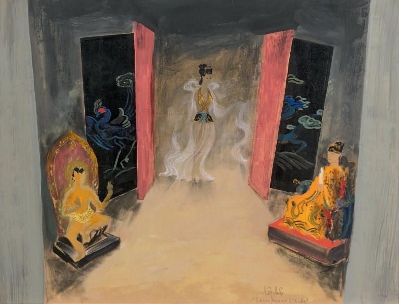 Artwork by Lê Ph?, Danse avant l'aube, Présentation de la princesse au roi cham, Made of Oil, gouache and watercolor on paper