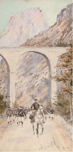Artwork by L. Rambaud, Four scenes of soldiers on campaign, Made of pencil and watercolour heightened with white
