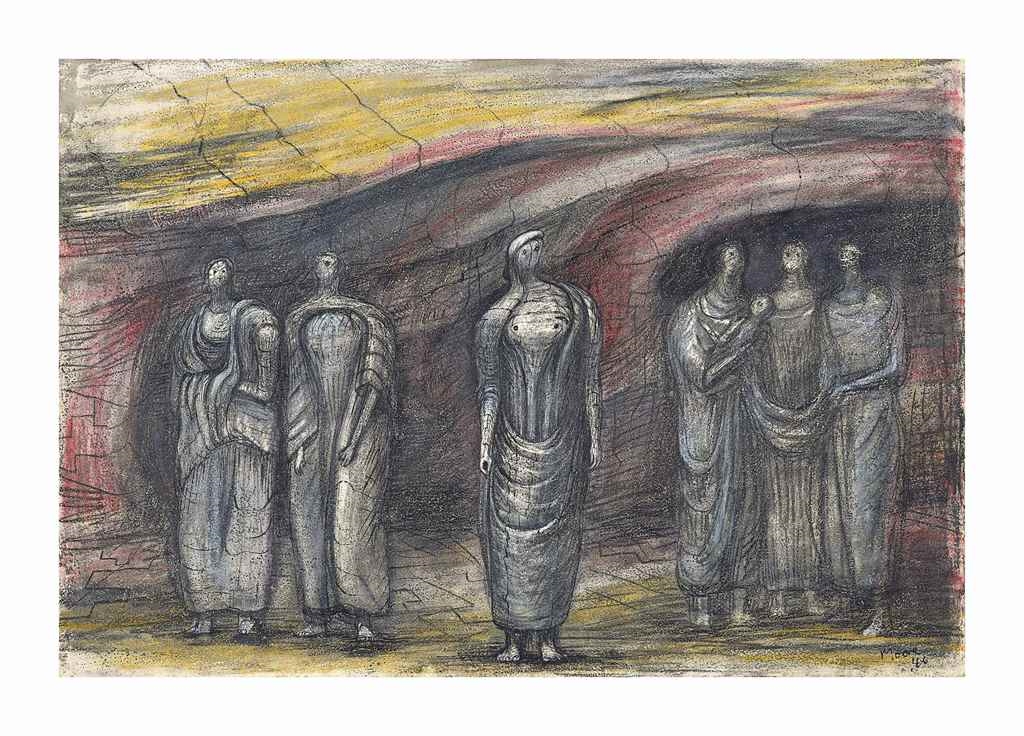 Henry Moore | Standing Figures with Rock Background (1946) | MutualArt