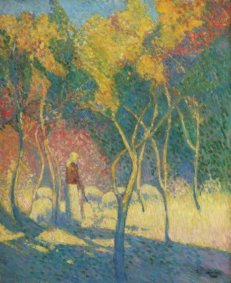 Shepherdess with sheep, light effect