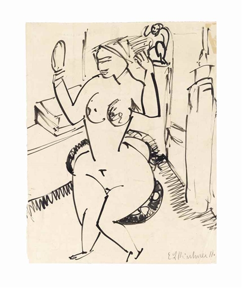 Sich kämmender Akt mit Handspiegel by Ernst Ludwig Kirchner, 1911