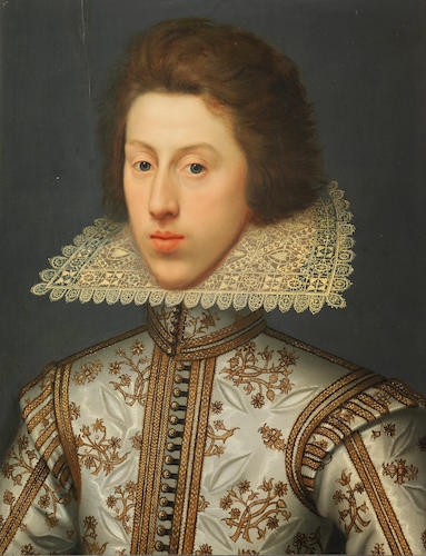 Artwork by William Larkin, Portrait of Thomas Pope, later 3rd Earl of Downe, bust-length, in a white tunic embroidered with gold and a yellow lace collar, Made of oil on panel