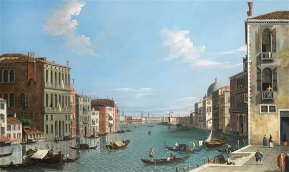 The Grand Canal, Venice, looking East with the Doge's Palace and the Punta della Dogana in the distance by Canaletto