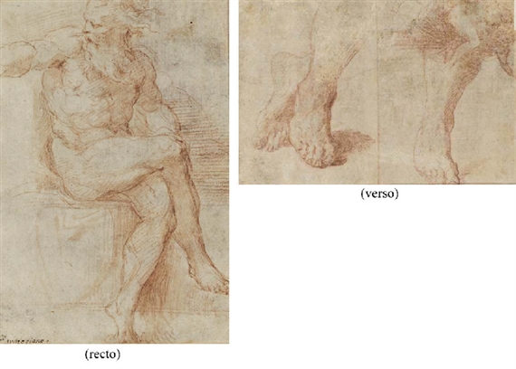 Un nu assis, les jambes croisées, regardant vers la gauche (recto); Etudes de deux pieds croisés, d'une jambe et de l'enlèvement d'une femme nue (verso) by Parmigianino