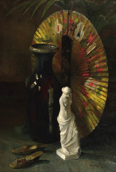 A still life with a Japanese fan and a plaster figure by Anna Carolina van den Berg