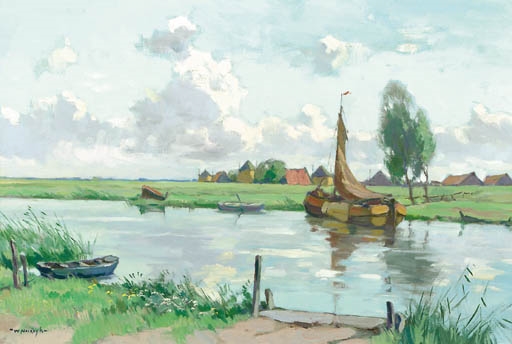 A flat-bottomed vessel in the Eem near Eemdijk by Willem Frederik Noordijk