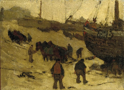 Bomschuiten on the beach of Scheveningen by Willy Sluiter