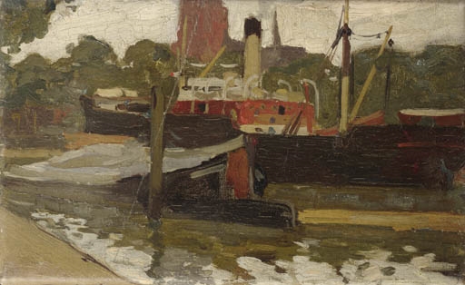 Moored boats in a harbour by Willy Sluiter