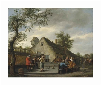 Boors playing a game of beugelen before a country inn, onlookers smoking beyond - Jan Steen