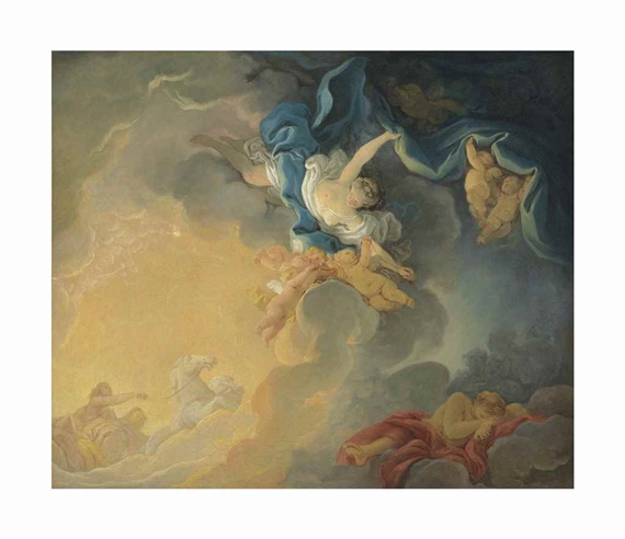 The goddess Aurora triumphs over night, announcing Apollo in his chariot, while Morpheus sleeps - a bozzetto by Jean-Honoré Fragonard