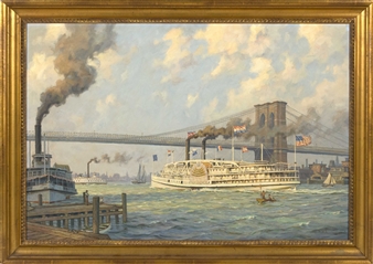 Bound for Fall River Steamer 'Providence' Passing Under the Brooklyn Bridge, 1885 - William G. Muller