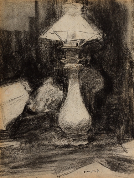 Still life with oil lamp on table by Isaac Israëls