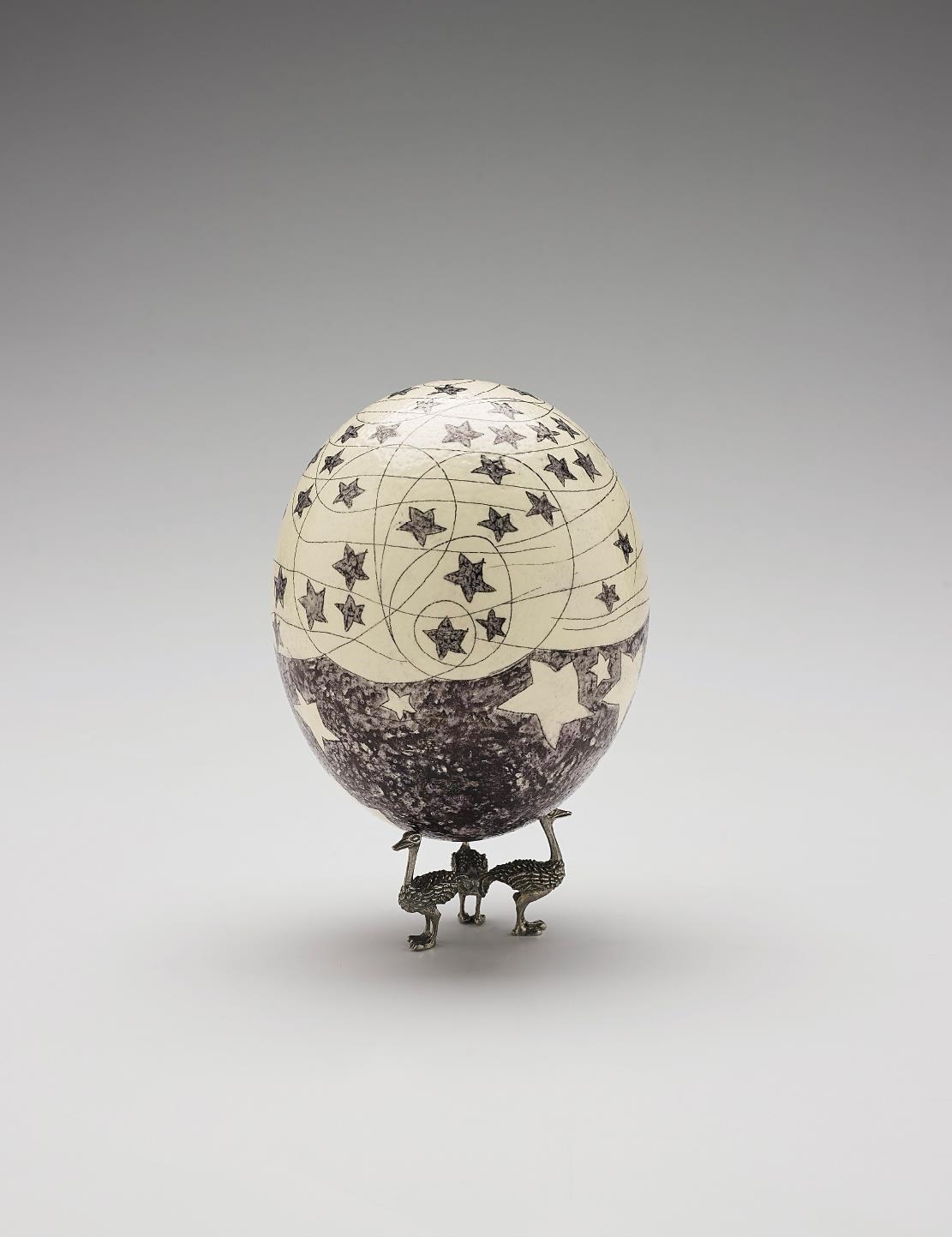 Artwork by Aleksandra Mir, Fabergé Egg, Made of Fiber-tipped pen on ostrich egg shell with metal stand
