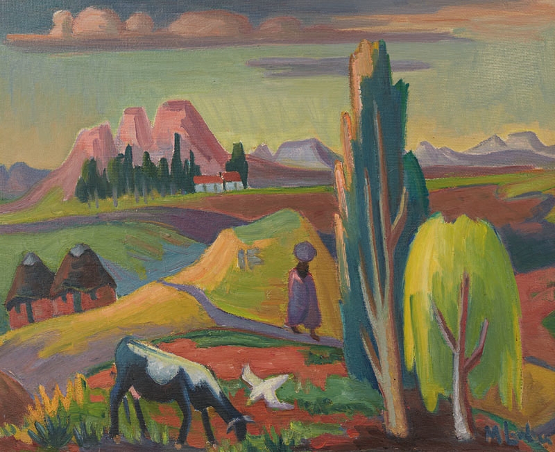 Artwork by Maggie Laubser, Landscape with Huts, Tree, Figure, Cow and a Bird, Made of oil on board