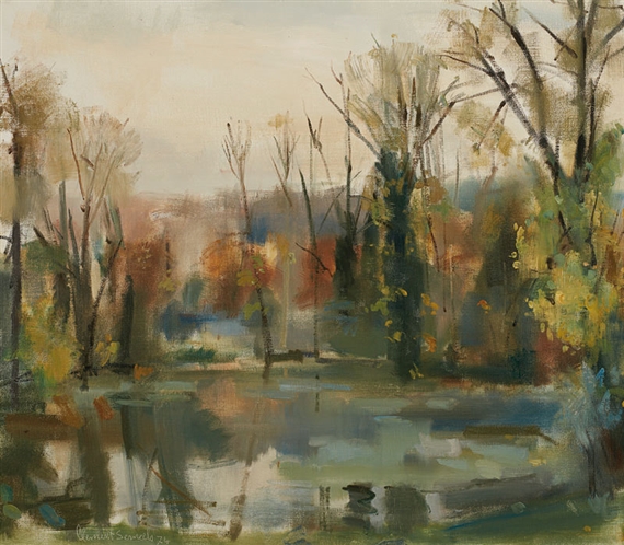 Verdant landscape with lake by Clement Serneels, 1974