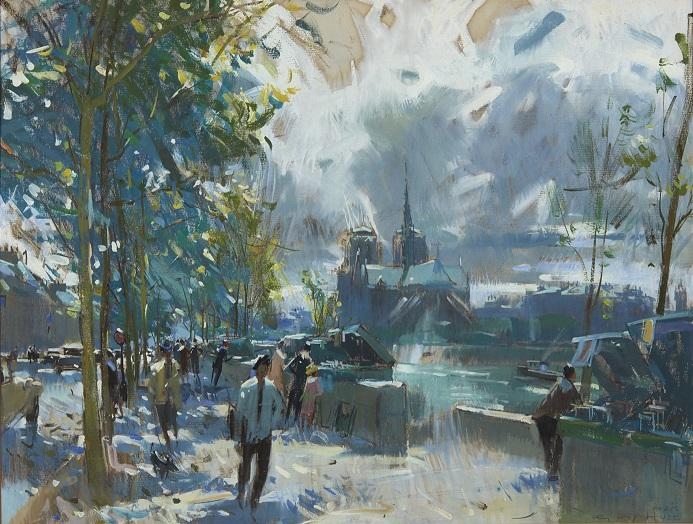 Artwork by Guy Huze, Parisian Scene with Sacré-Cœur in the Distance, Made of gouache