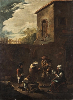 Famille de paysans au pied d’une maison - Maitre des Petits Metiers