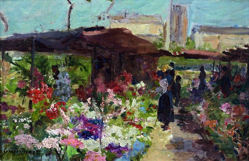 Artwork by Georges Jules Ernest Binet, PARIS, LE MARCHÉ AUX FLEURS, Made of Oil on panel