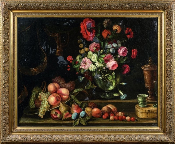 NATURE MORTE, BOUQUET DE FLEURS ET FRUITS by Flemish School, 17th Century