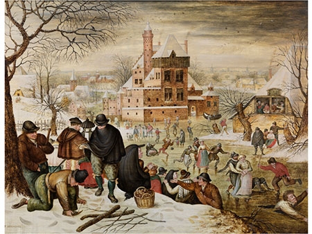 WINTER LANDSCAPE WITH ICE AMUSEMENTS ON A PALACE POND by Pieter Brueghel the Younger
