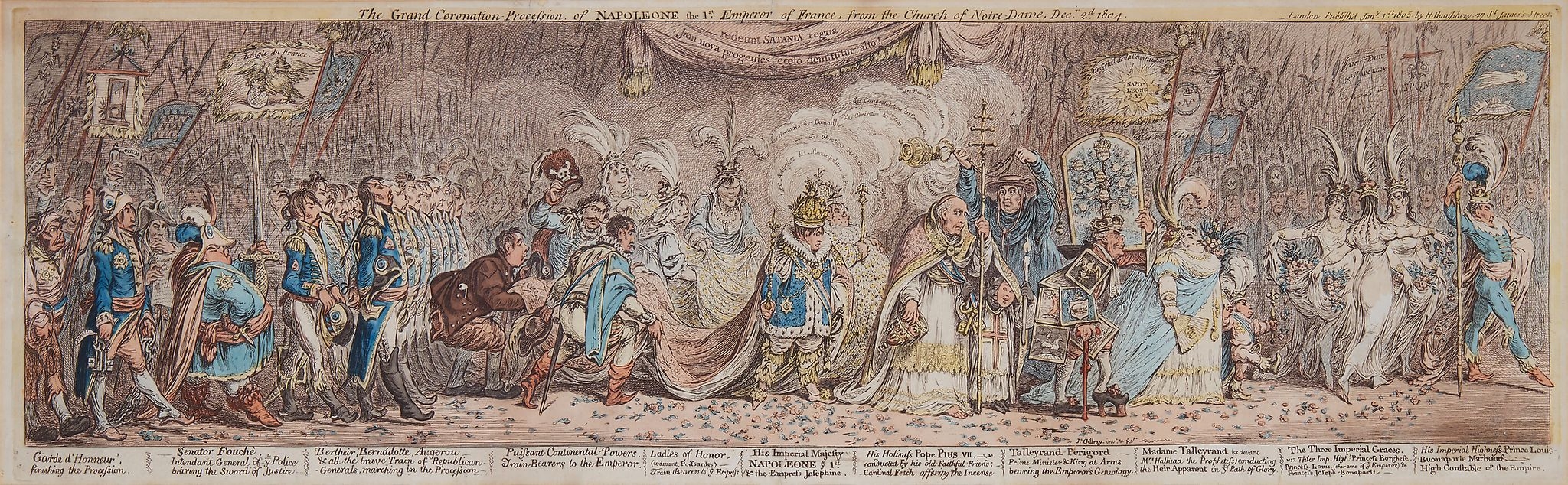 Artwork by James Gillray, The Grand Coronation Procession of Napoleone the 1st, Emperor of France, Made of etching with aquatint with original hand-colouring
