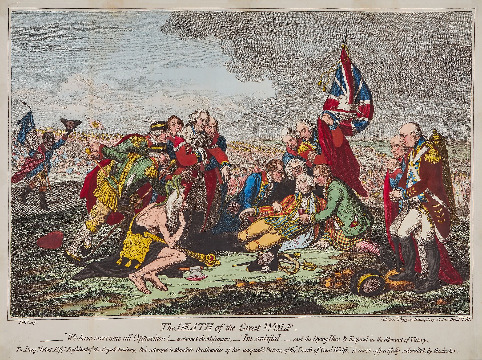 Artwork by James Gillray, The Death of the Great Wolf, Made of original hand-coloured engraving