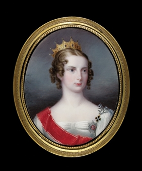 Tsarina Alexandra Feodorovna, facing right in white dress, wearing the red moiré sash and the breast star of the Imperial Russian Order of St. Catherine and the cross of the Prussian Order of Luise, jewelled set gold coronet in her curling brown hair - Heinrich Abel Seyffert