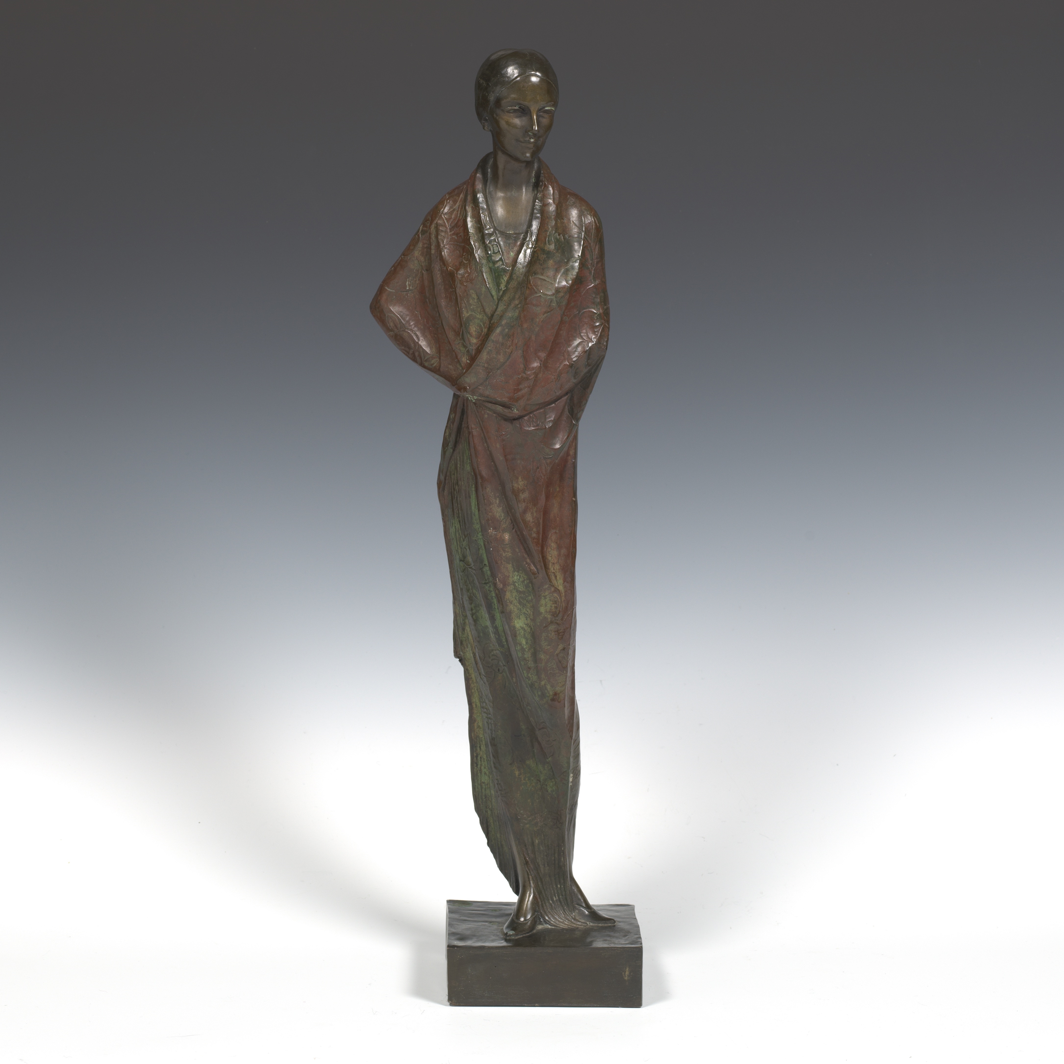 Santiago Rodriguez Bonome Art Deco style sculpture of a woman in a wraparound garment MutualArt