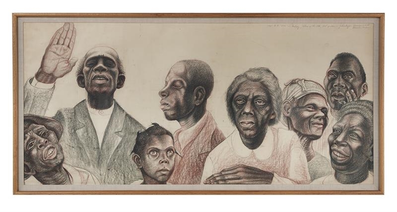 Artwork by John Biggers, Blessing the People, Made of conte crayon on paper