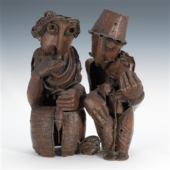 Spindle  Forged copper sculpture of two seated figures, the man holding a child and a cat in his lap and the woman working a spindle - Akop Khalafyan