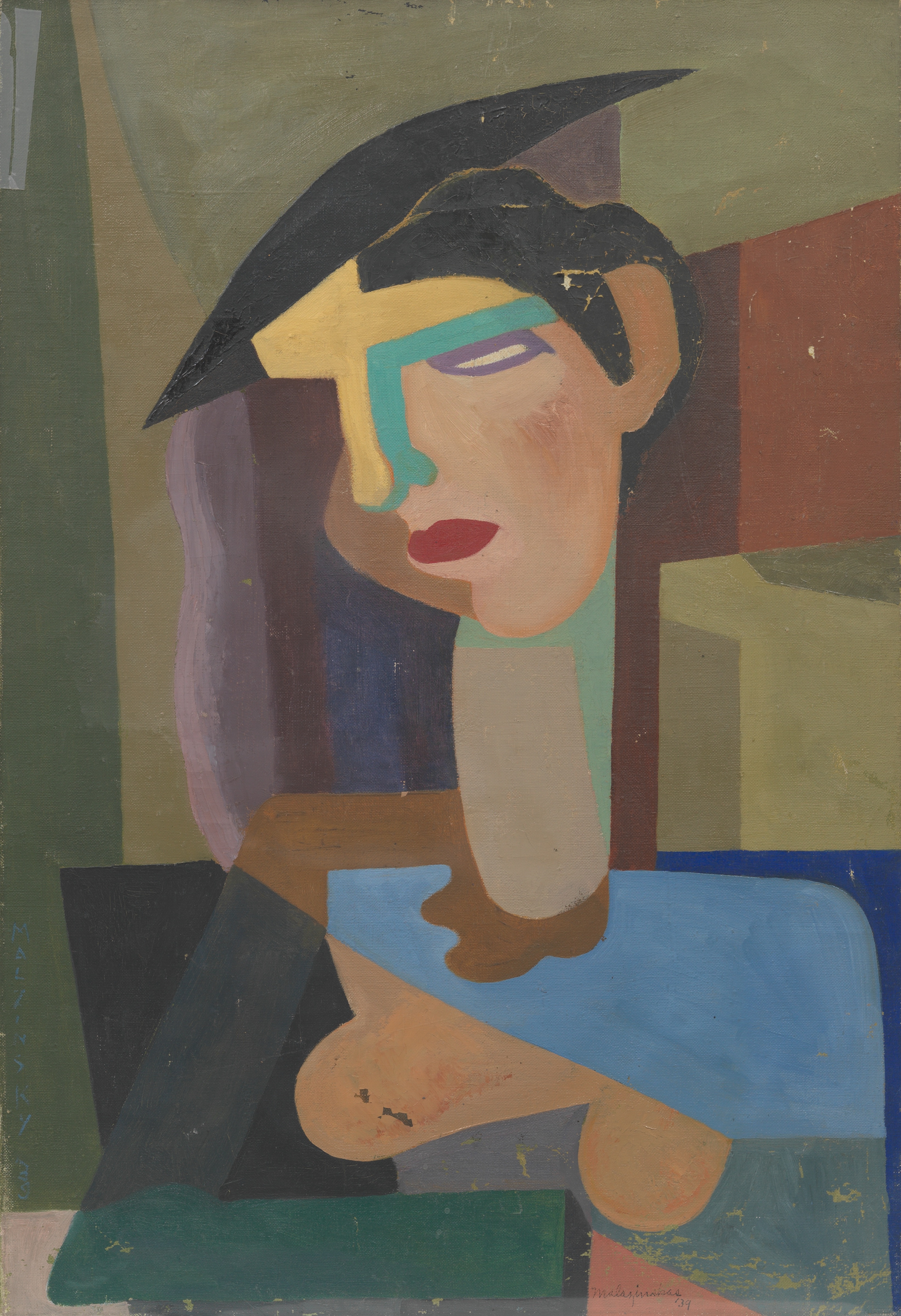 Artwork by Joseph J. Malazinskas, Mid-century modernist painting of a woman in a stylish hat, Made of oil on canvas