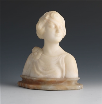 Carved white alabaster bust of a young woman with a flower at her shoulder, flowers in low relief carved on the garment - Alberto Cambi