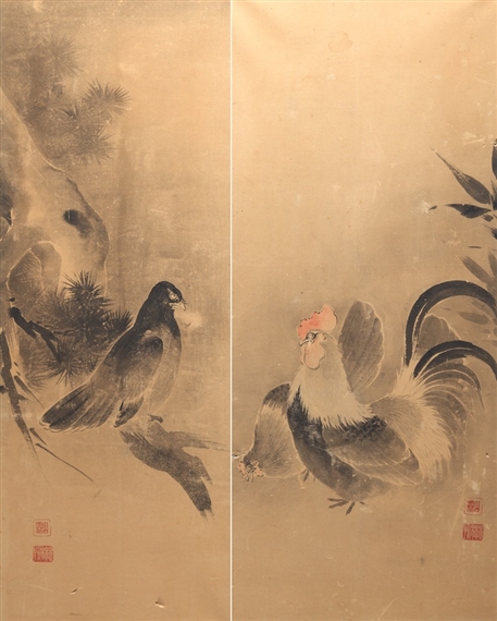 2 Works: Hawk on branch & A rooster and chicken by Kano Sansetsu