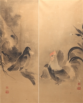 2 Works: Hawk on branch & A rooster and chicken - Kano Sansetsu