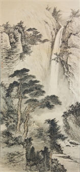 Mountainous landscape with waterfall and a hermit - Huang Bijun