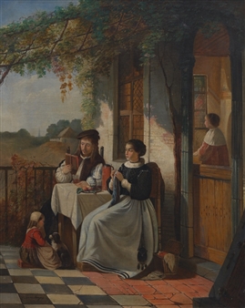A domestic scene of a couple reading on a sunlit terrace with a child nearby.
