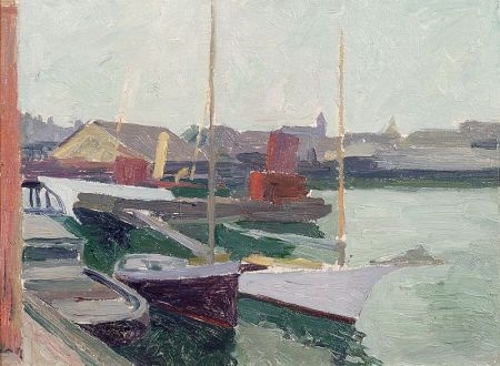 Artwork by James Goodwin McManus, At the Harbor, Made of Oil on board