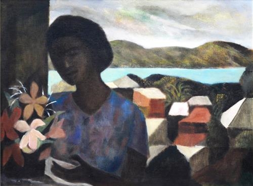 Untitled (Woman with Flowers) by Ray Crooke