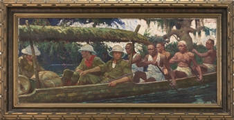 A framed painting of a group of figures in a long canoe on a river.